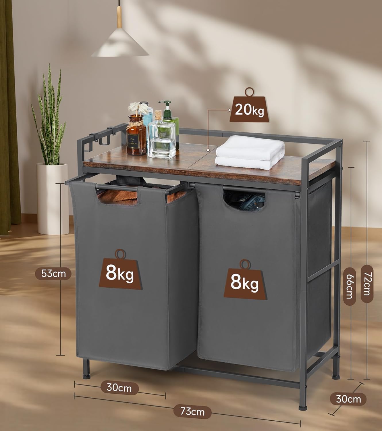 Wäschekorb 2-Fächer, 2x46L, 73x30x74cm, Grau, mit Metallrahmen & Holzablage, herausnehmbare Oxford-Säcke, moderner Wäschesammler für Bad und Schlafzimmer