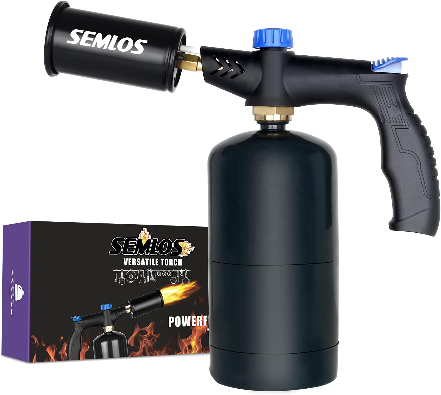 SemlosPowerful Cooking Propane Torch - Adjustable Flame - Sous Vide - Flamethrower Gun for BBQ Searing Steak, Creme Brulee, Campfire Charcoal Starter(Propane Tank Not Included)
