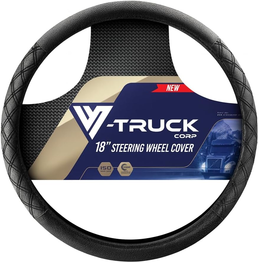 Genuine Leather Steering Wheel Cover for Semi Truck – 18" X-Large, Diamond Stitching, Anti-Slip Grip, Fits 18 Inch Wheels for Big Rig, RV & 18 Wheeler Trucks (Black/Black)
