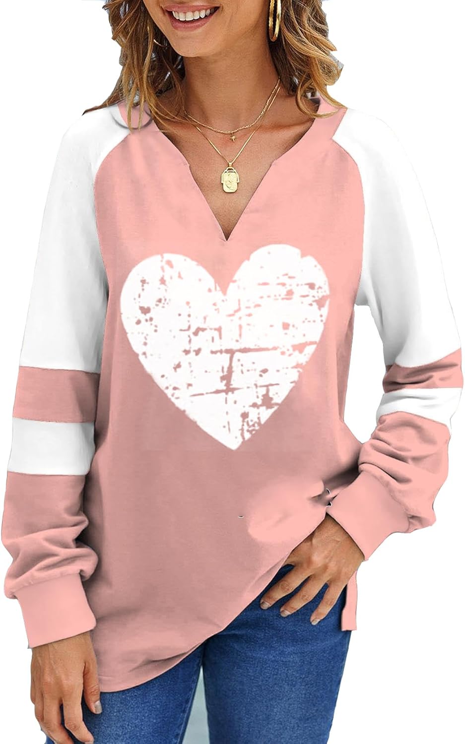 Roshop Valentines Shirt Women Loose V-Neck Cute Long Sleeve Holiday Heart Shirts