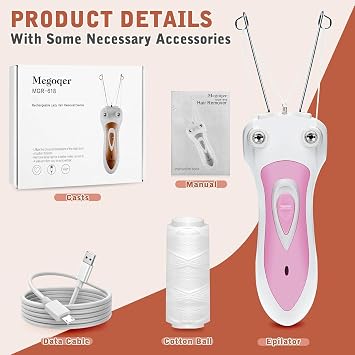 USB Rechargeable Cotton Thread Epilator for Women,White Electric Threading Hair Removal Tool Complete with Charging Cable and Spare Thread, Professional Eyebrow Threading Kit for Facial and Body Hair