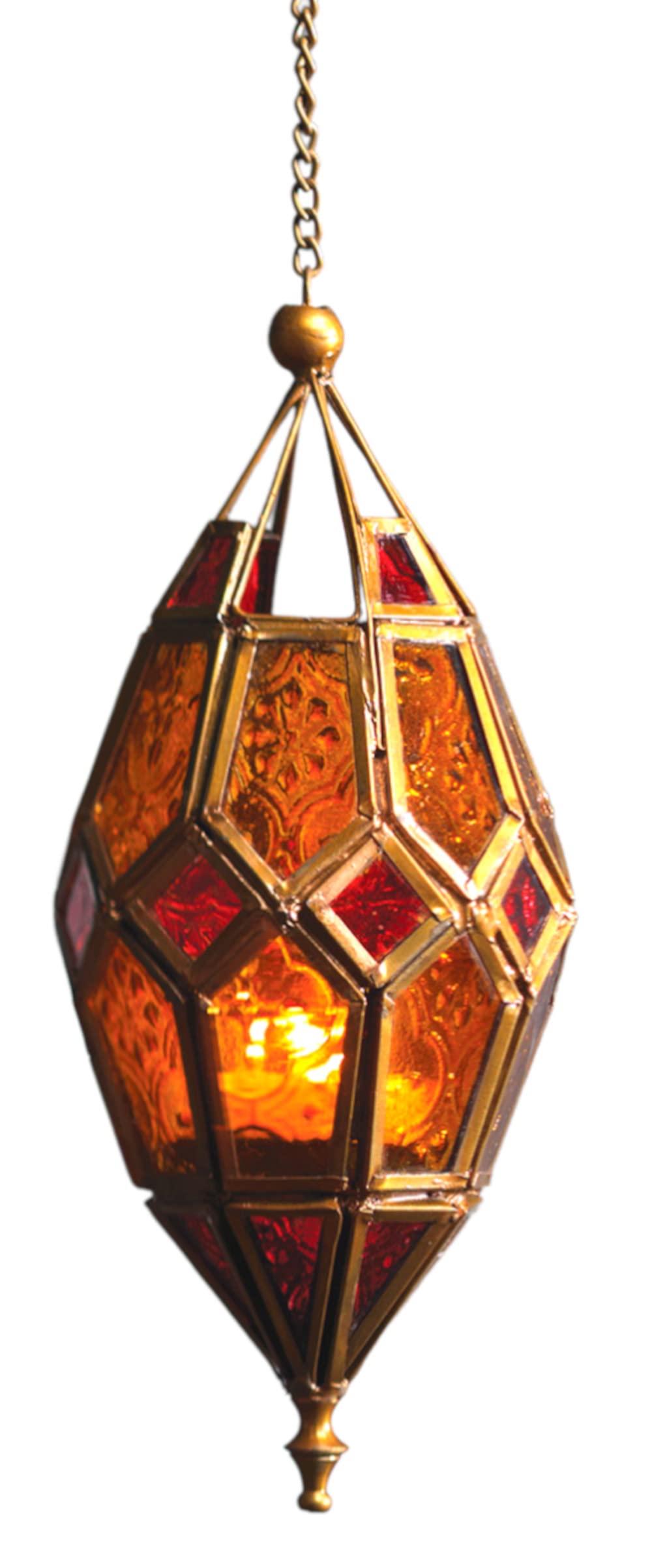 Moroccan Style Hanging Glass Tealight Lantern (Medium Red/Yellow)