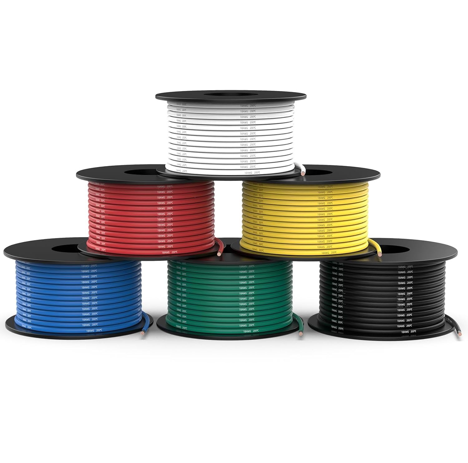 NAOEVO 18 Gauge Wire 300ft, 18 AWG Wire 6 Colors 50ft Each Spool, Flexible Silicone Tinned Copper Electrical Cable, Wiring kit for Breadboard/Automotive/DIY/Battery, 200℃
