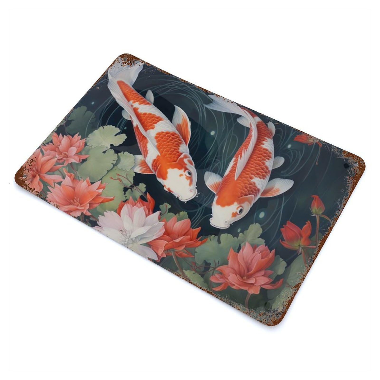 Garage Style Koi Japanese Landscapes Vintage Rust Metal Sign 11.8"x7.9", Rustic Home Decor for Bar And Workshop