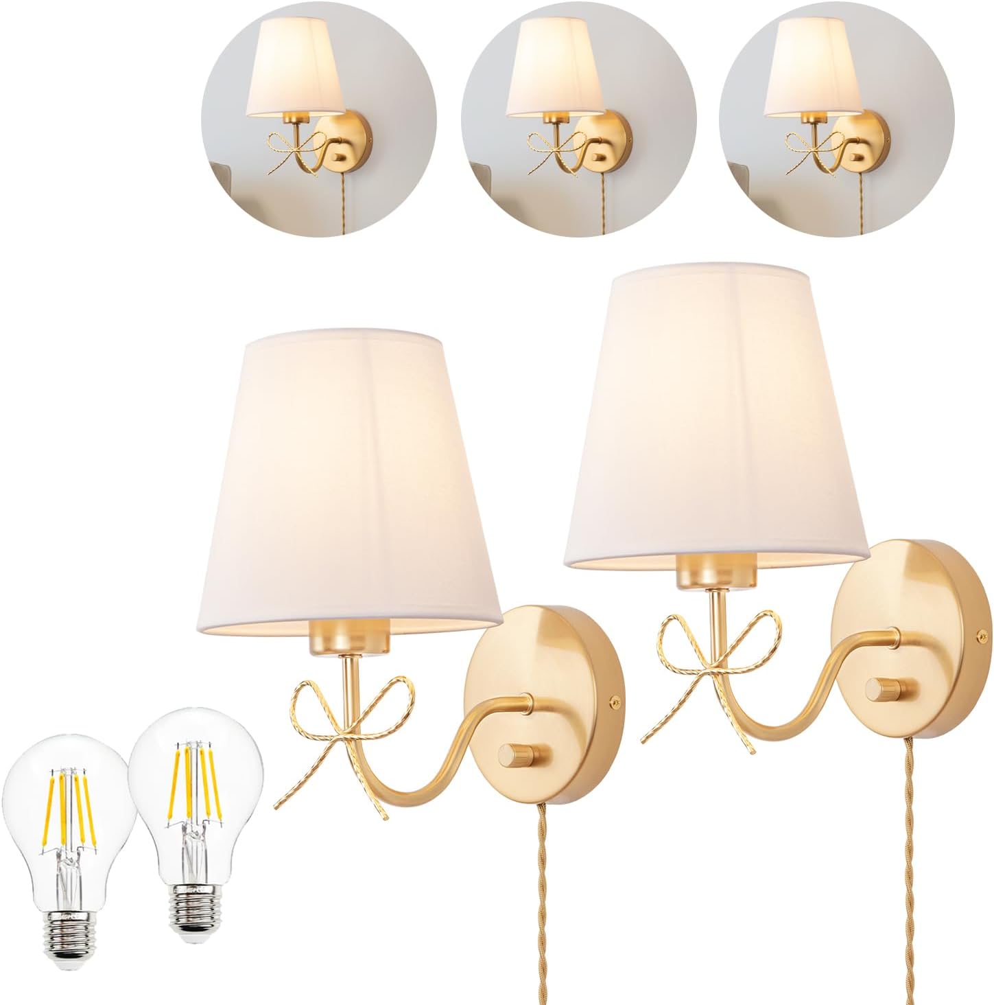 Adust Plug in Wall Sconces Set of Two with Plug in Cord Dimmable LED Bulbs, Bow Wall Sconces Antique Brass Farmhouse Wall Lamps Decor with Switch Cord for Living Room, Bedroom, Bulb Included