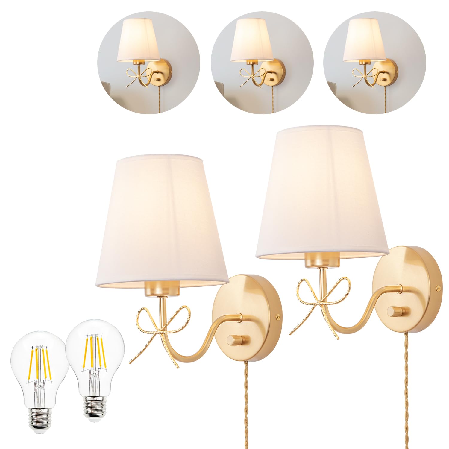 Adust Plug in Wall Sconces Set of Two with Plug in Cord Dimmable LED Bulbs, Bow Wall Sconces Antique Brass Farmhouse Wall Lamps Decor with Switch Cord