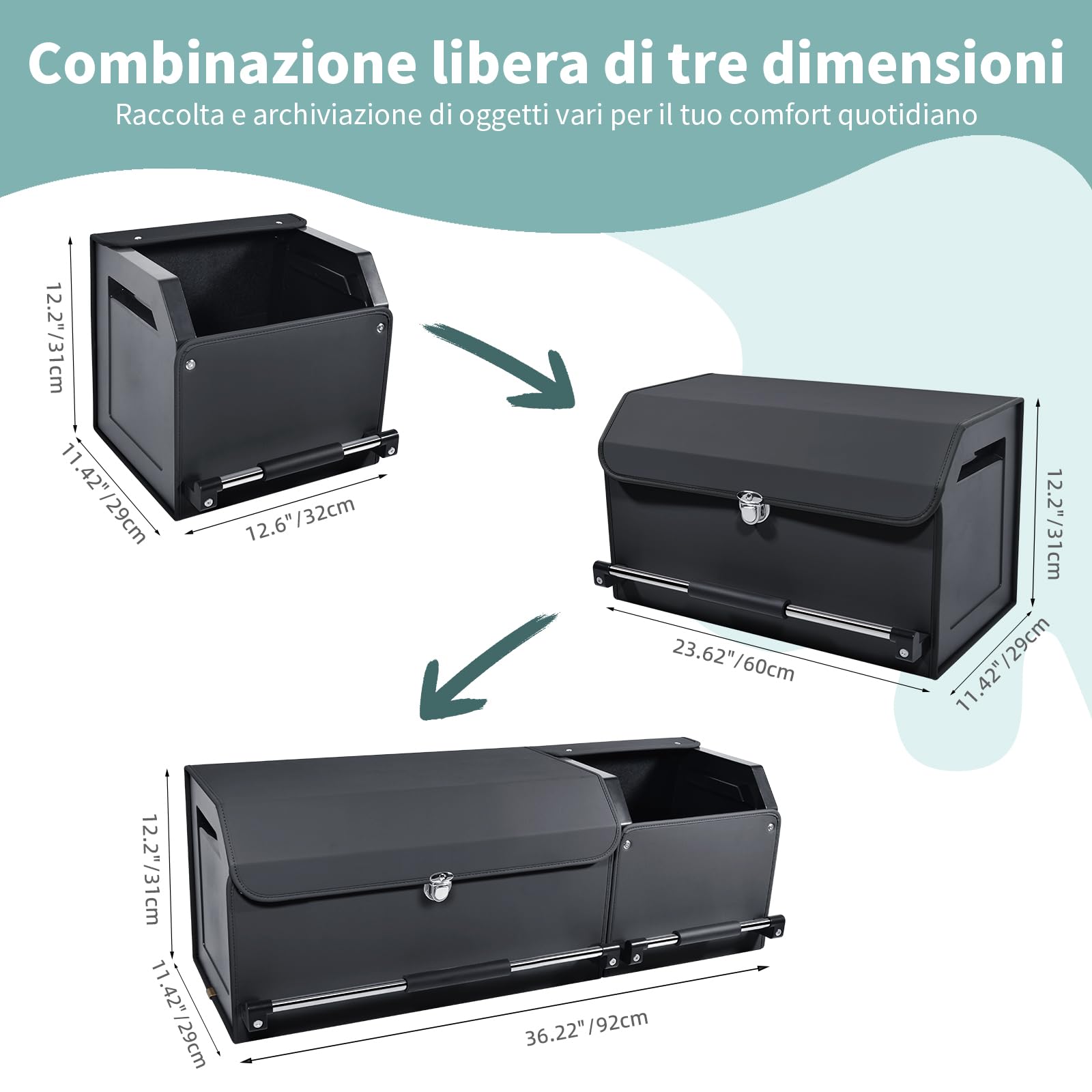 Auto Trunk Organizer, Pieghevole Auto Trunk Storage Organizer con Coperchio e Maniglia Robusta e Stoccaggio per SUV, Camion, Sedan (Nero, XL 92 * 29 * 31cm)