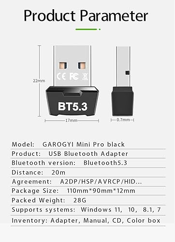 Miniatura 7 de Adaptador USB Bluetooth 5.3 para PC, compatible con Windows 11108.17,5.3+EDR Bluetooth transmisor receptor inalámbrico para escritorio, portátil,