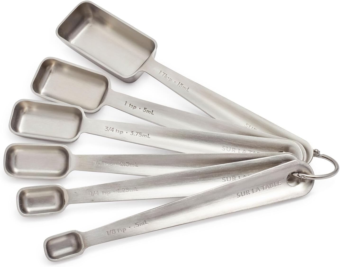 Sur La Table Stainless Steel Measuring Spoons Set – 6 Slim Narrow Spoons Fit Spice Jars – ⅛ tsp to 1 tbsp with Easy-Open Ring, Dishwasher