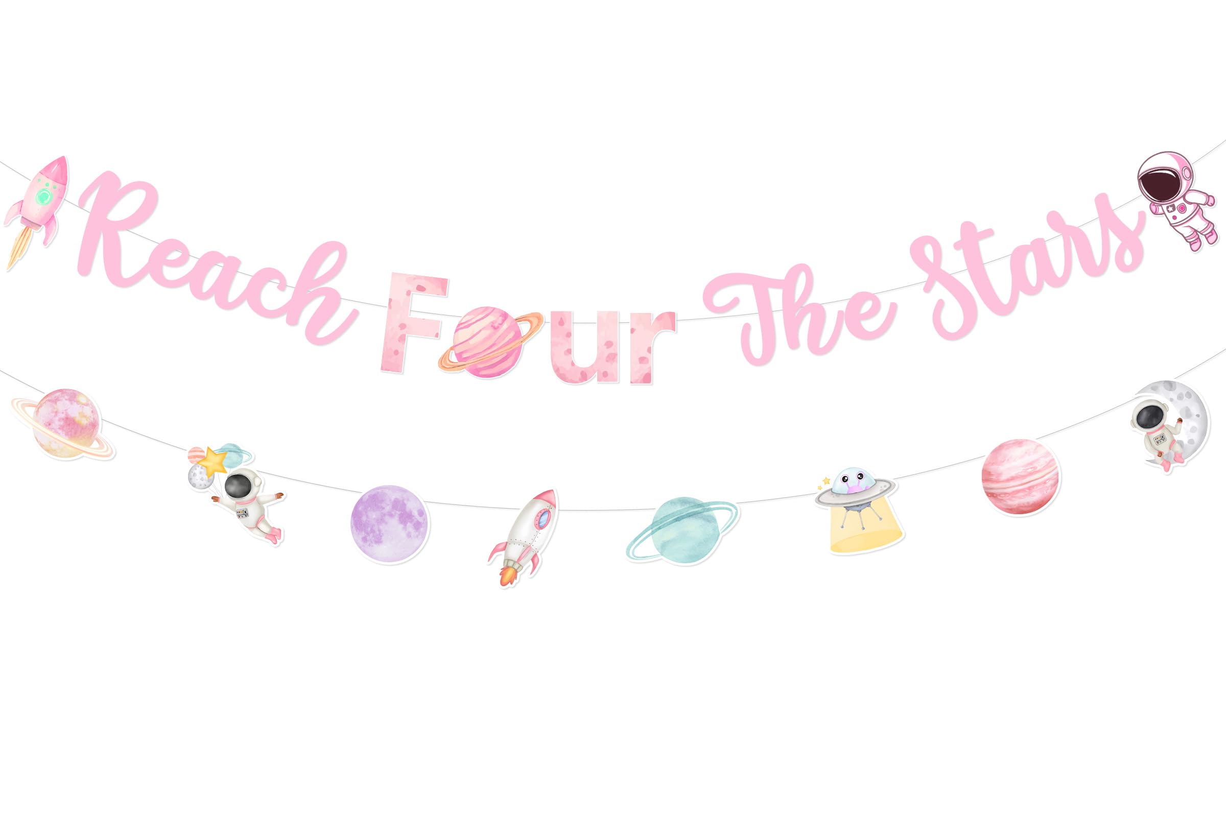 Sursurprise Space Themed Party Decorations for Girl, Reach Four the Stars Banner, Planets Rocket Astronaut Galaxy Universe Garland, Solar System 4 Years Old Birthday Party Supplies