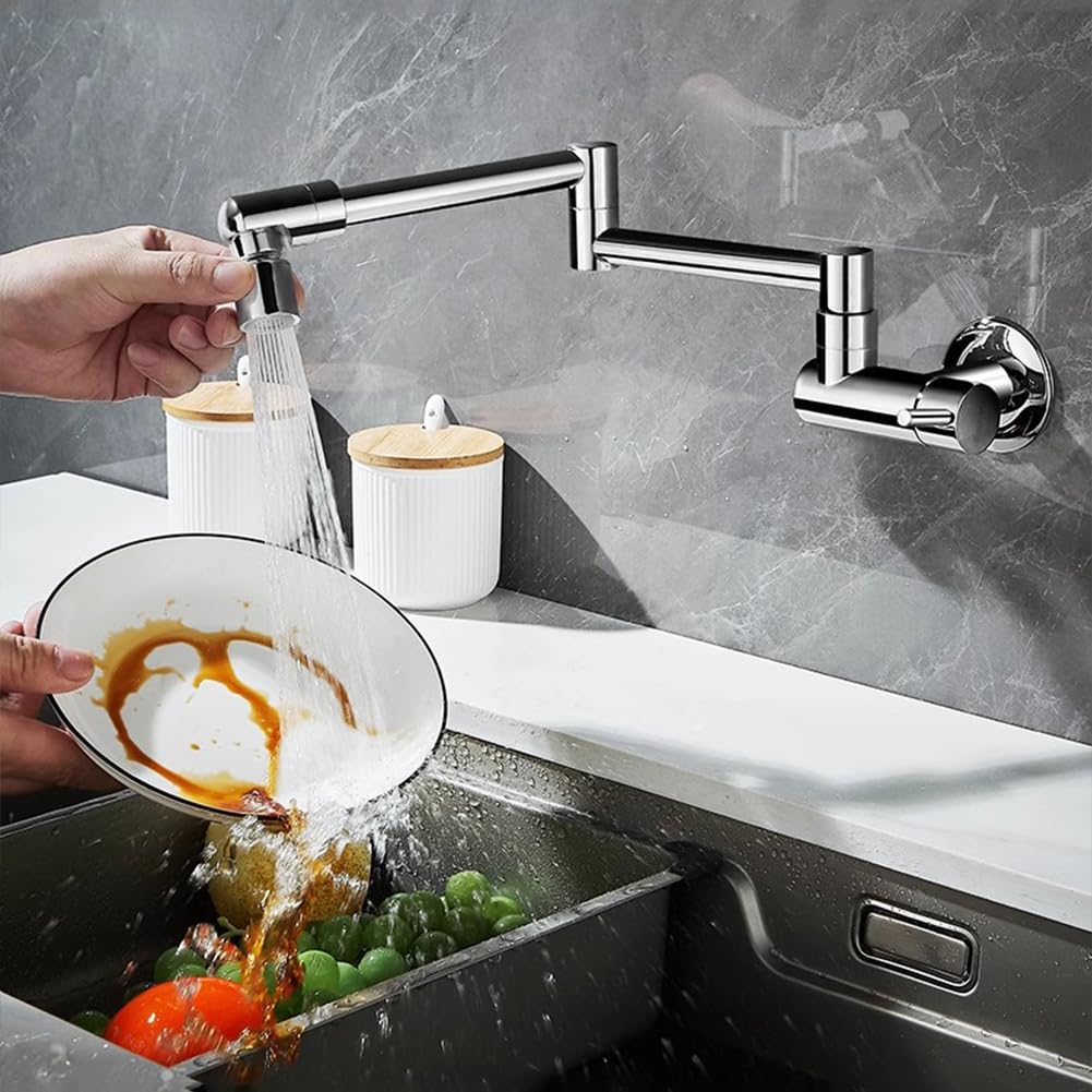 Grifo Cocina De Pared Grifo Cocina Fregadero, Solo Agua Fría, Llenado De Ollas, Latón Monomando Giratorio A 360° Plegable Griferia De Cocina, Cromado