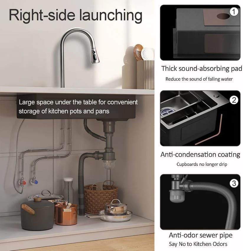 Image of HAPPY HOMES 304 Stainless Steel Kitchen Sink 24X18X10 Waterfall Satin Kitchen Sink With Integrated Waterfall And Pull Down Faucet| Fruit Basket With Complete Accessories (HEAVY)