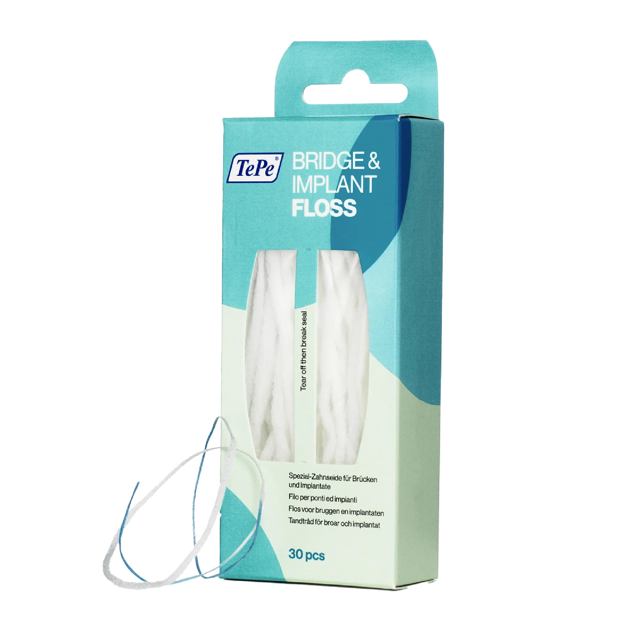 TePe Bridge & Implant Floss, 30 Stk., dicke Zahnseide, geeignet für Zahnspangen, Brücken und Implantate, entfernt Plaque effizient zwischen den Zähnen