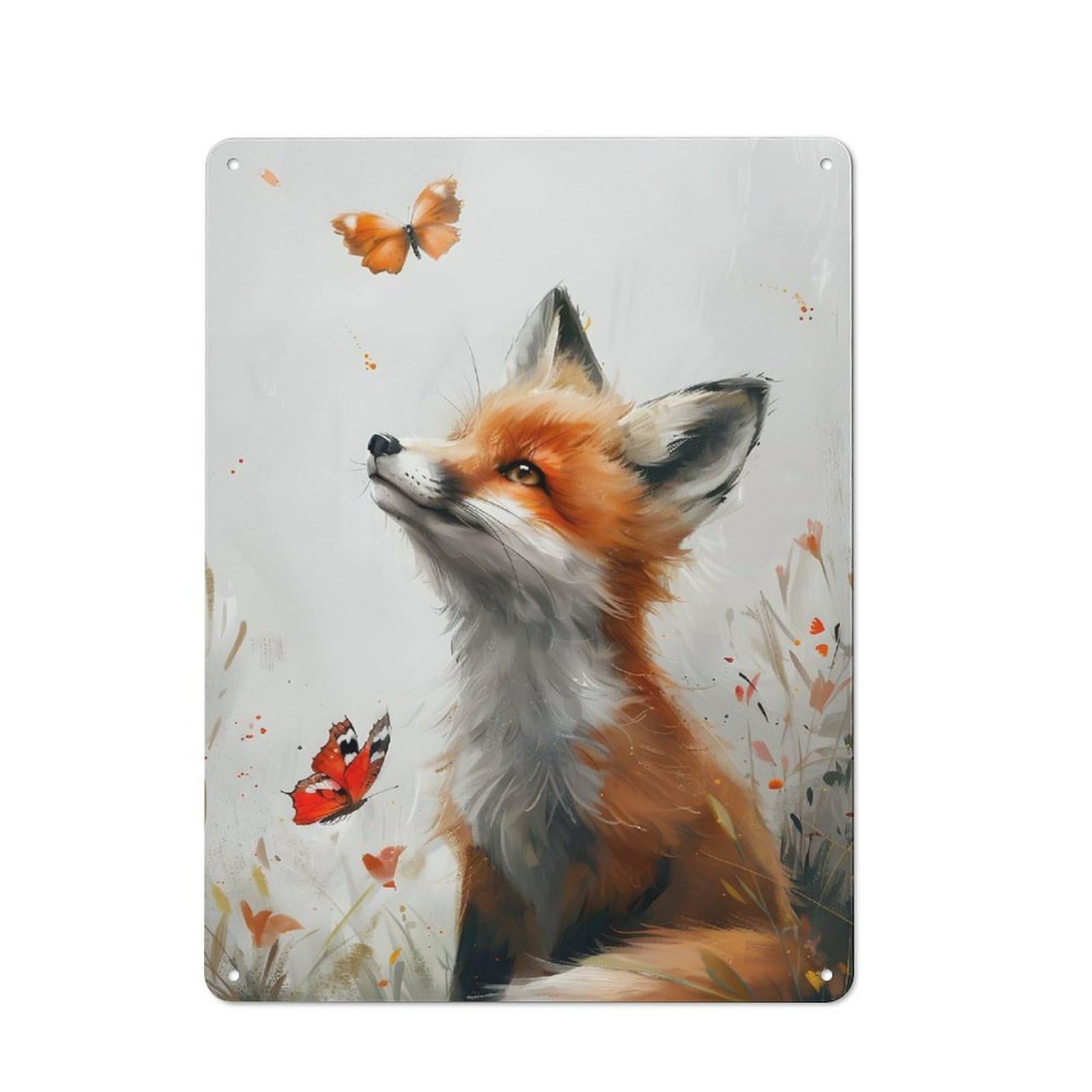 Junmoney Style-15 Tin Wall Plaque 40X30cm With Fox And Butterfly For Studio Or Craft Room, For Kitchen, Dining Room And Home Bar Wall Decor
