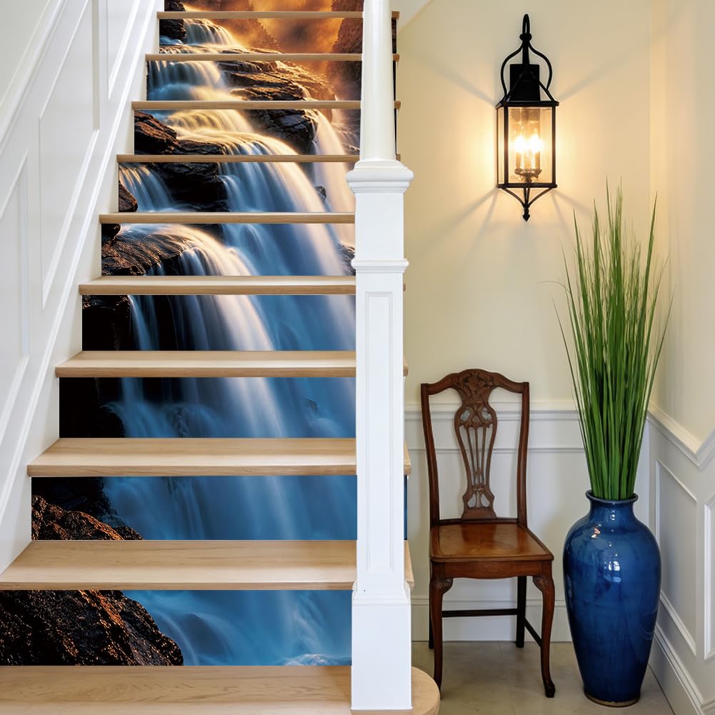 TNKBREEZE 15 Strips 3D Waterfall Stairs Stickers Natural Landscape Peel and Stick Stair Riser Decals Removable Self-Adhesive PVC Art Sticker Decor for Steps Staircase Murals Decals 39.37"×7.09"