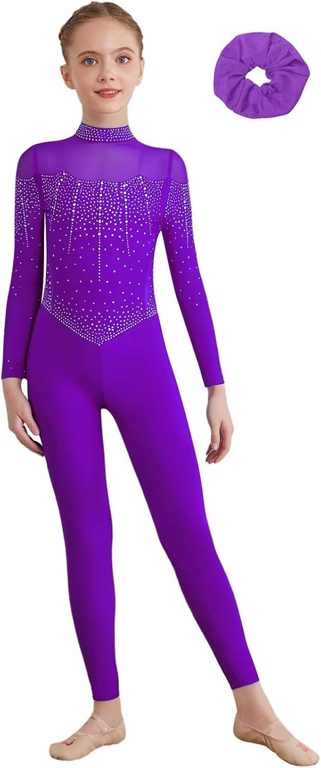 YiZYiF Girls Gymnastics Leotard with Hair Band Sheer Mesh Active Bodysuit Tumbling Outfits Figure Skating Jumpsuit