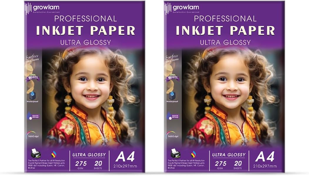 Growlam Ultra Glossy Photo Paper 275gsm A4 Size Waterproof Instant Dry 20 Sheets Resin Coated Inkjet Printer Compatible (4 Pack)