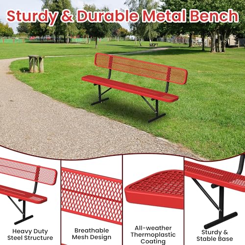 Image of 8FT Park Bench for Outside Heavy Duty Metal Mesh Bench with Back Portable Frame, Commercial Steel Bench Outdoor Garden Benches for Lawn, Park, Deck, Garden, Patio, Porch (Red, 8FT)