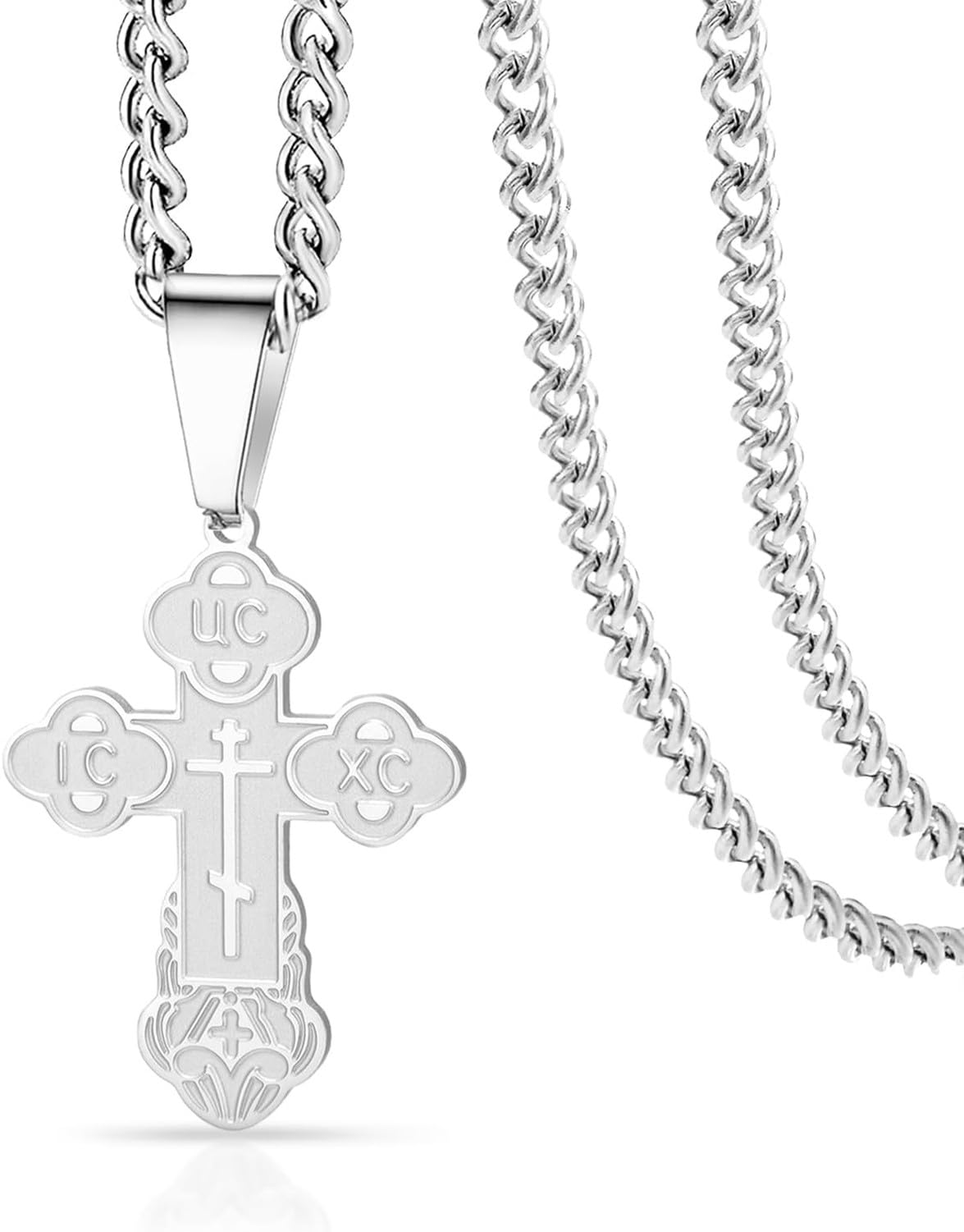 HURUMA Stainless Steel Eastern Orthodox Cross Crucifix Pendant Necklace for Men Women Jesus Byzantine Religious Pendant Christian Catholic Jewelry Gift, Silver 1