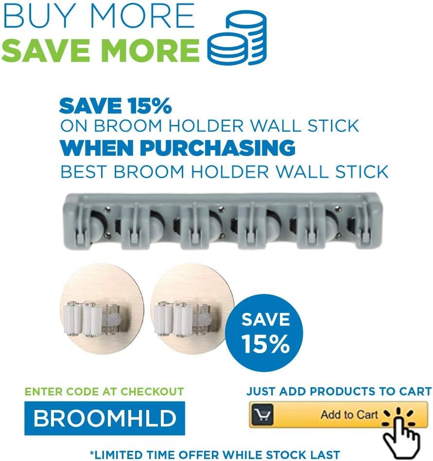 Cheapest 🛒 Mop Broom Holder, Heavy Duty Broom Holder Wall Mount with 5 Positions 6 Hooks, Multi Functional Broom Organizer Wall Mount as Broom Closet Organizer Garage Kitchen, Mounting Screws and eBook Included
