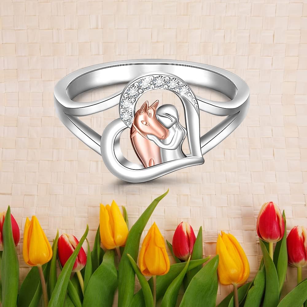 Fenthring Horse Ring for Women Sterling Silver Cute Animal Heart Horse Rings Jewelry Charms Friendship Wedding Christmas Valentines Mothers Day Gifts