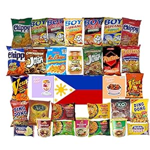 Filipino Snacks Box Variety Pack Assortment of 10 Authentic Food Products like Boy Bawang, Lucky Me, JackNJill, Skyflakes and more with Philippines Flag and Pride Stickers