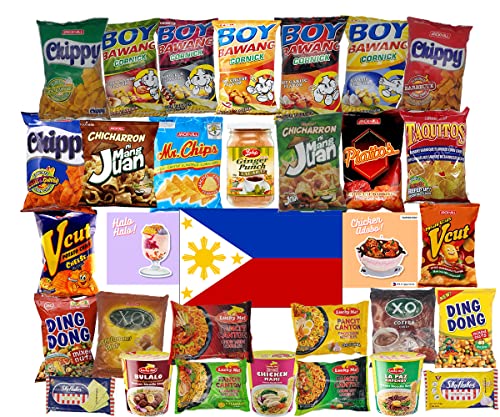 HCG Filipino Snacks Box Variety Pack Assortment of 10 Authentic Food Products like Boy Bawang, Lucky Me, JackNJill, Skyflakes and more with Philippines Flag and Pride Stickers
