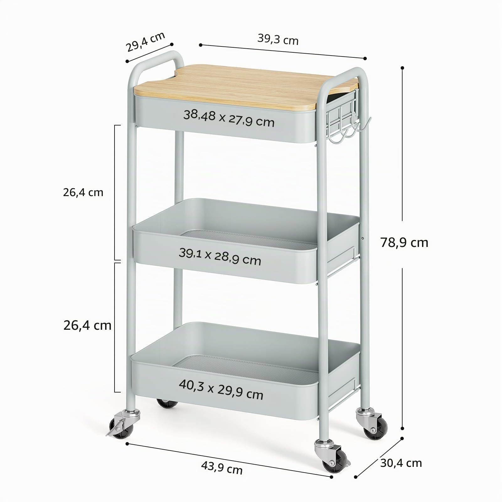 KINGRACK Carrello con Ruote Portatutto Cucina 3 Livelli, Carrellino Salvaspazio con Tavole Rimovibili - Verde, per Cucina/Soggiorno/Camera, Struttura in Metallo, Facile Montaggio, 44x30.5x79 cm