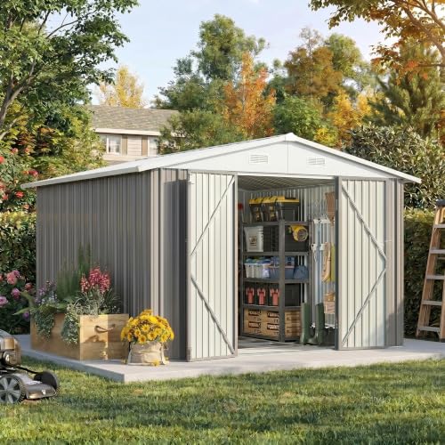 Image of Devoko 10x10 FT Outdoor Storage Shed with Floor Frame, Metal Tool Shed with Slooping Roof, Heavy Duty Large Shed for Garden Backyard Patio(Gray)