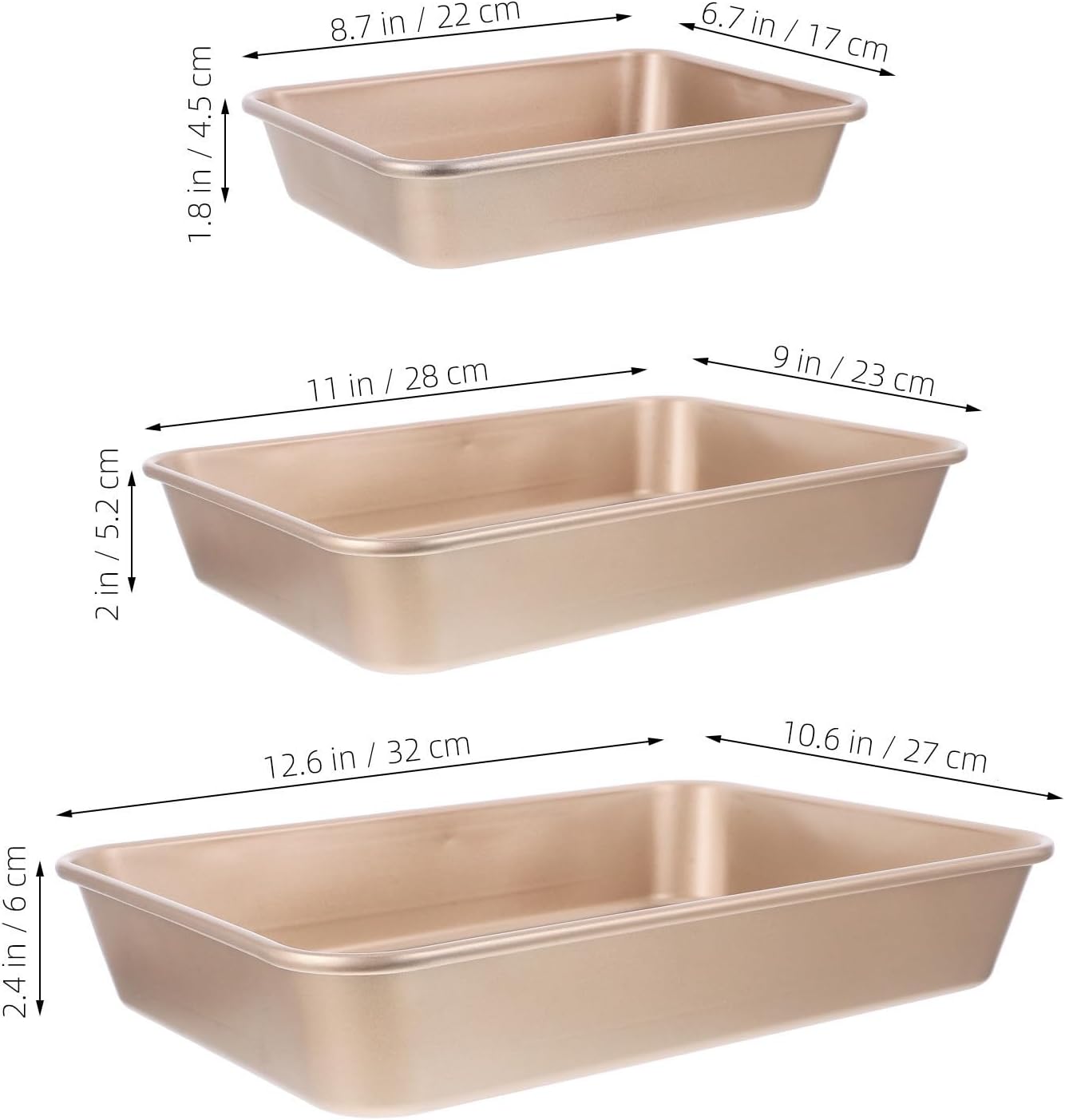3pcs Baking Pans Set Carbon Steel Rectangle Nonstick Deep Cake Pans for Toaster Ovens and Oven Use Multipurpose Design Golden Heavy Duty Bakeware