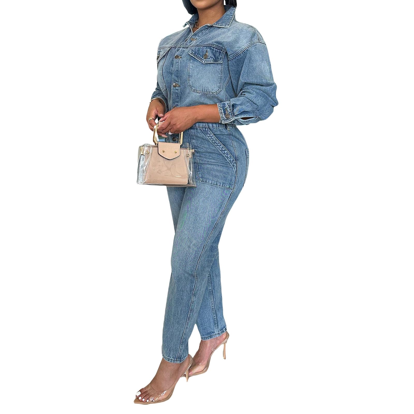 cffvdiz Denim Combinaison pour Femmes Sexy Slim Fit Manches Longues Taille Haute Jean Combinaisons Bouton Bas Élastique Taille Longue Romper
