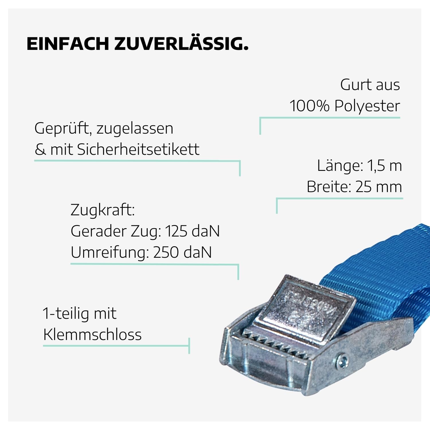 25 x Spanngurt 1-teilig mit Klemmschloss 1,5 m I Spanngurte mit Klemmschloss I Gurte zum Befestigen I kleine Spanngurte mit Sicherheitsetikett I Bandbreite 25 mm I Gurtband mit Schnalle