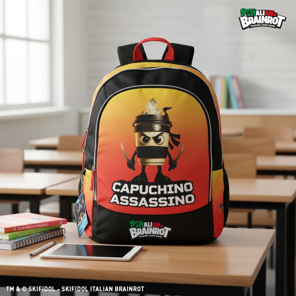 BRAINROT - Zaino Scuola Organizzato Ufficiale Brainrot, Zaino per Ragazzi con Retro e Fondo Termoformati, Spallacci Imbottiti e Regolabili, Interno Foderato con Tasca Zip, 32x43hx23 cm