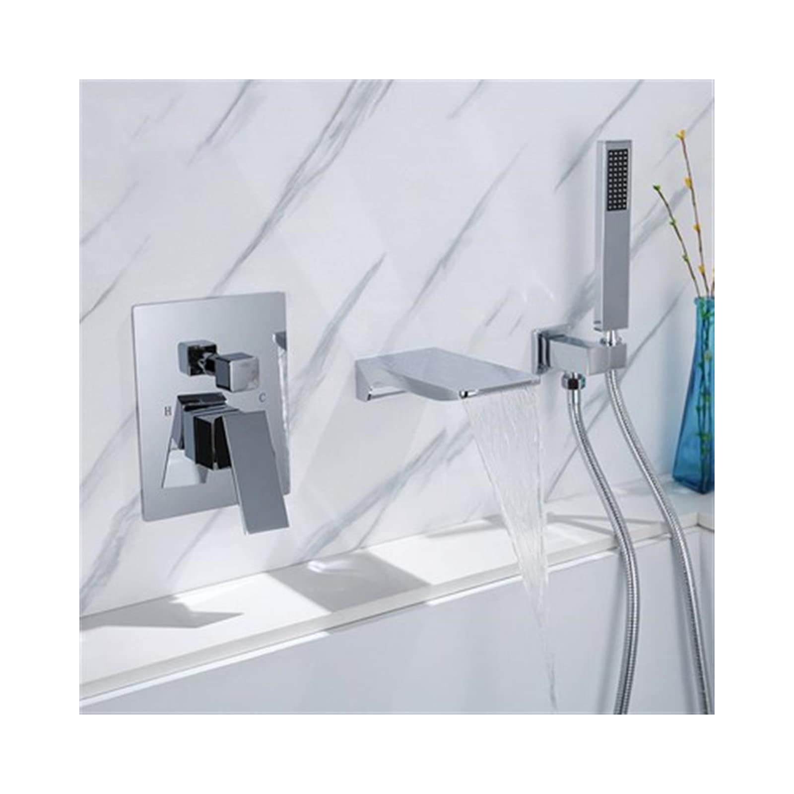 CWCQGH Bathtub Faucet Wall Mounted Bath Tap Set, Brass Waterfall Tub Mixer Tap Hot and Cold Water Tub Filler with Hand Shower Tub Tap,Titanium