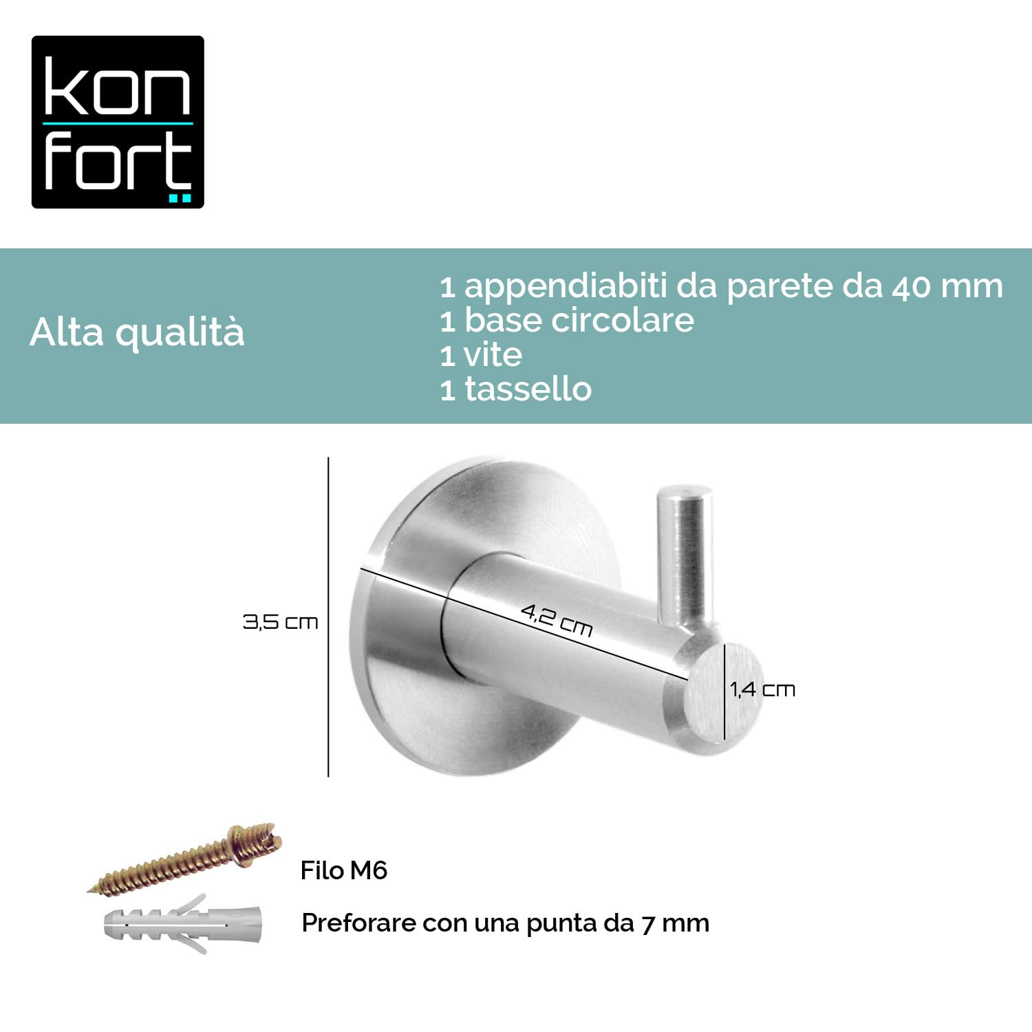 Kon-fort Home Appendi Accappatoio Bagno Acciaio Inox. Set 2 Ganci Bagno Cucina, Design in Acciaio Inossidabile AISI 304, Acciaio Spazzolato Opaco con Vite.