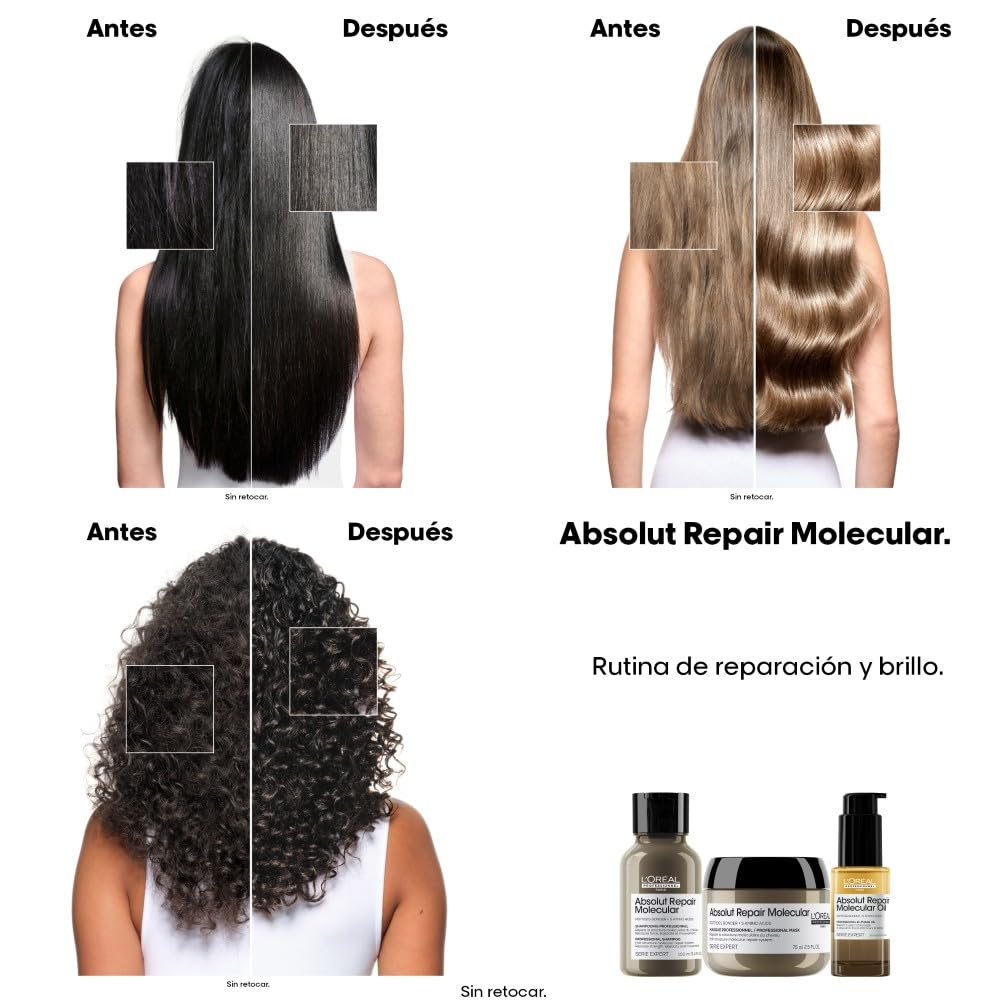 L'Oréal Professionnel Absolut Repair Molecular Aceite Bifásico Reparador 100 Horas de Brillo Antifrizz Protector Térmico Sin Aclarado