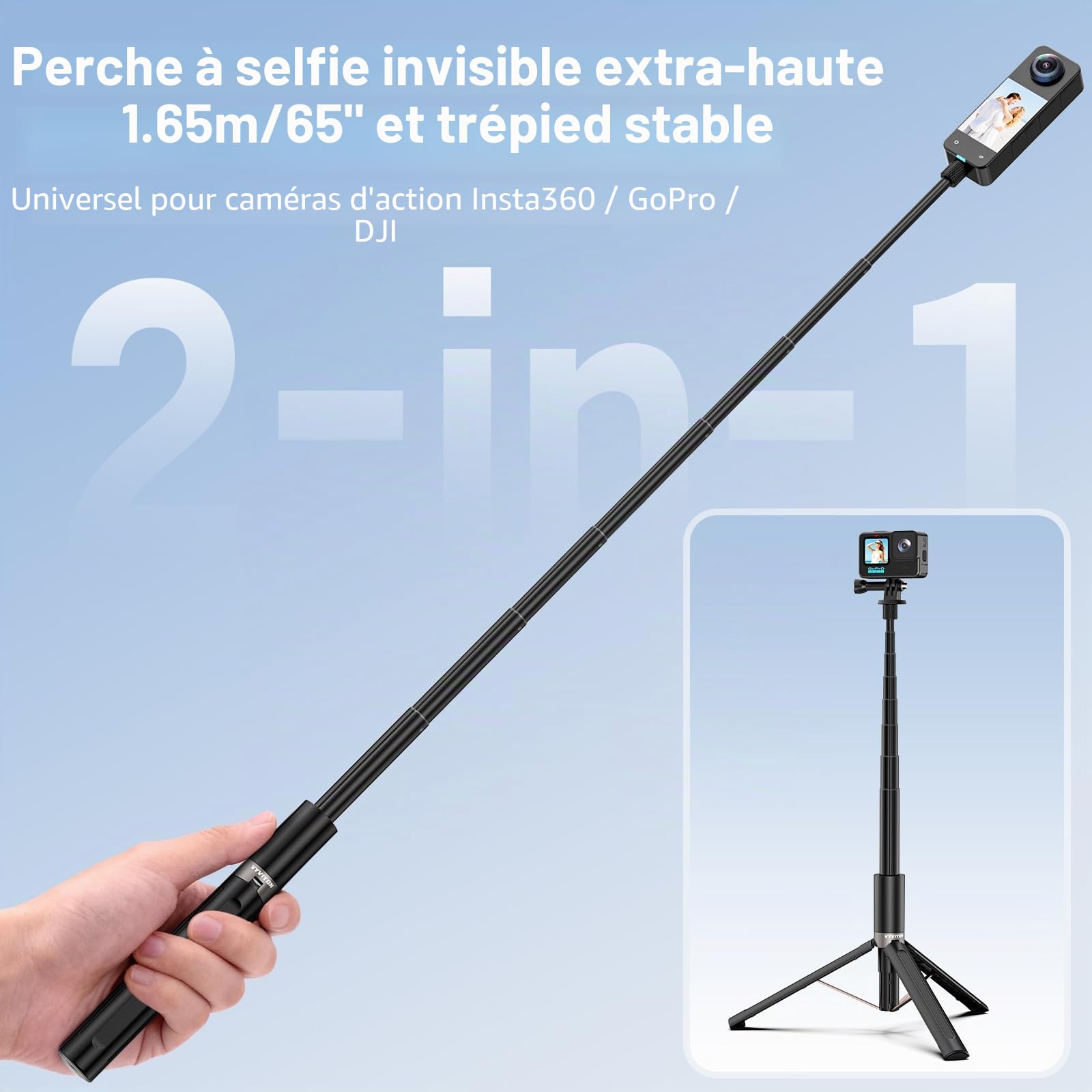 Trépied Invisible pour Perche à Selfie VYVIYON 65 Pouces, Monopode Extensible 2 en 1 pour Insta360 X5 X4ONE X2, poignée pour Perche à Selfie avec Adaptateur pour caméra d'action 1/4 Pouce pour GoPro