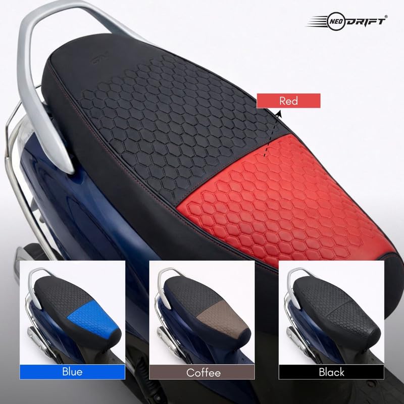 Image of Neodrift Premium Scooty Seat Cover - Suzuki E Access | Red+Black | Anti-Slip & Shock-Absorbing Design | Water-Resistant Fit | Strip Cushioning | Professional Fit | Nappa Art Leather