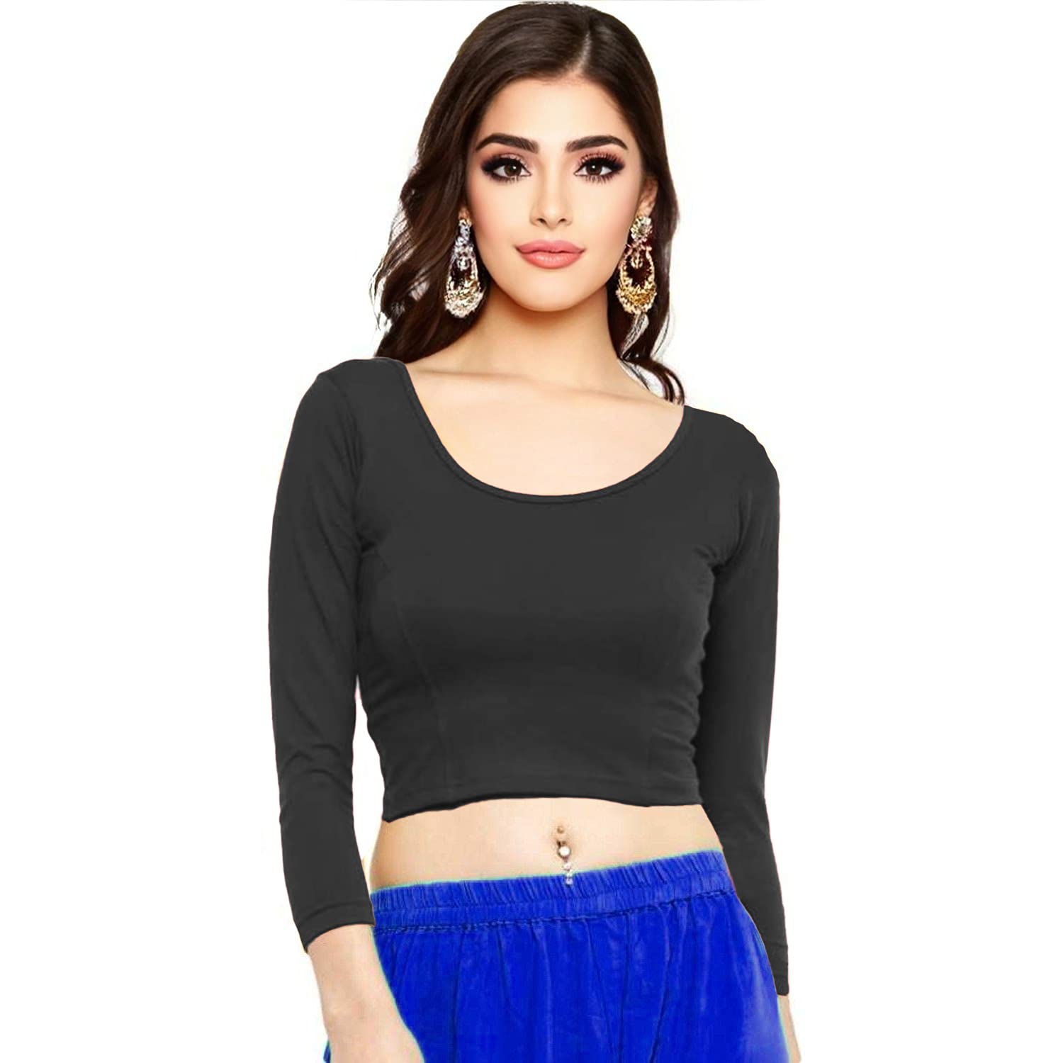 Women's Cotton Stretchable Round Neck Full Sleeve Regular Fit Wear Readymade Saree Blouses for Women Crop Top Blouse-image-43