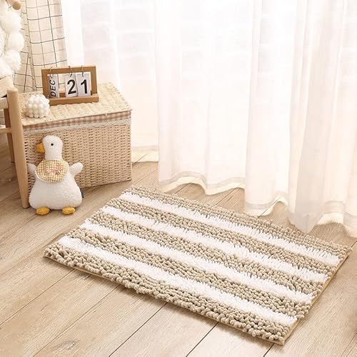Yonchic Chenille Striped Bathroom Mat, Extra Thick And Absorbent Bath Rugs, Khaki And White Mixed Color Non-Slip Soft Plush Shaggy Bath Carpet, Machine Washable Bath Mats(16" X 24") #TOP1