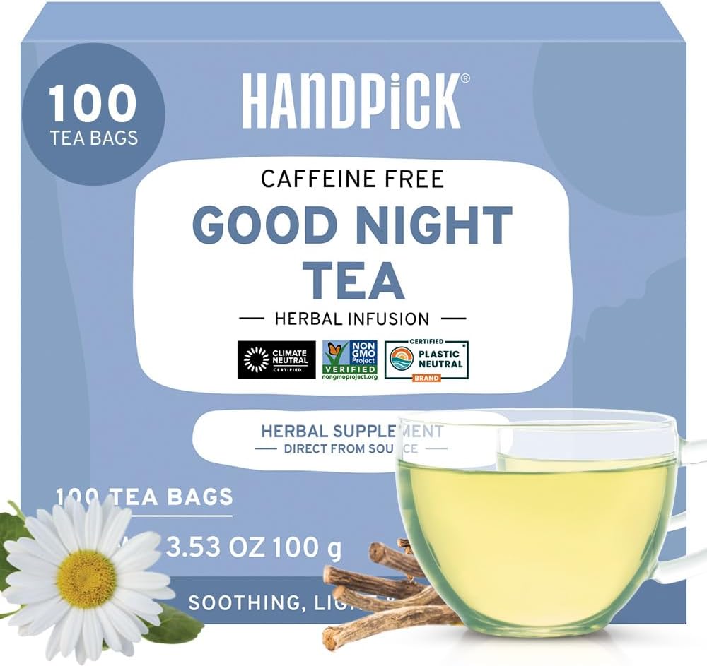 HANDPICK, Good Night Tea Bags (100 Count) Night Time Herbal Tea | Caffeine Free | Floral Blend - Lavender, Chamomile, Peppermint | Natural Tea, Perfect for Bedtime