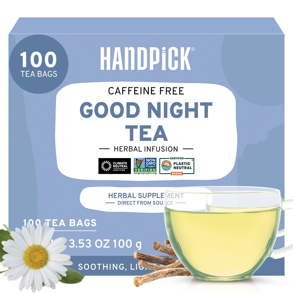 HANDPICK, Good Night Tea Bags (100 Count) Night Time Herbal Tea | Caffeine Free | Floral Blend – Lavender, Chamomile, Peppermint | Natural Tea, Perfect for Bedtime