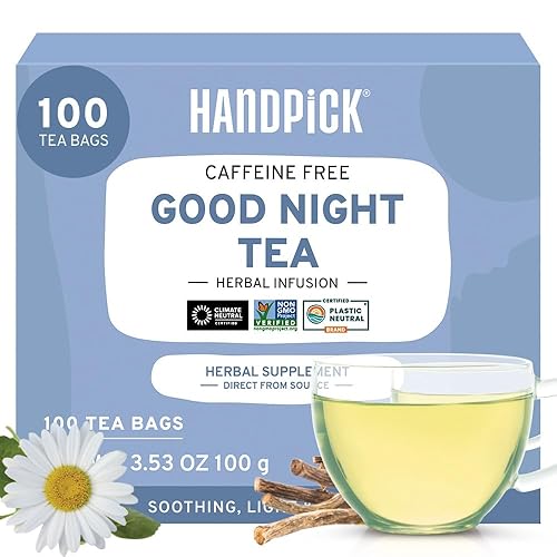HANDPICK, Good Night Tea Bags (100 unidades) Té de hierbas nocturno  Sin cafeína, sin gluten  Mezcla floral - Lavanda, manzanilla, menta  Té