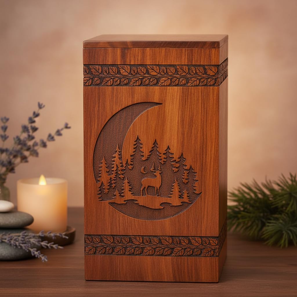 Handcrafted Rosewood Urn For Human Ashes - Beautifull Moon And Deer Tree Wooden Box - Cremation Urn For Pets Handmade Burial Urn Box For Loving Memories (Rosewood, S(8X4.75”)115Cu)