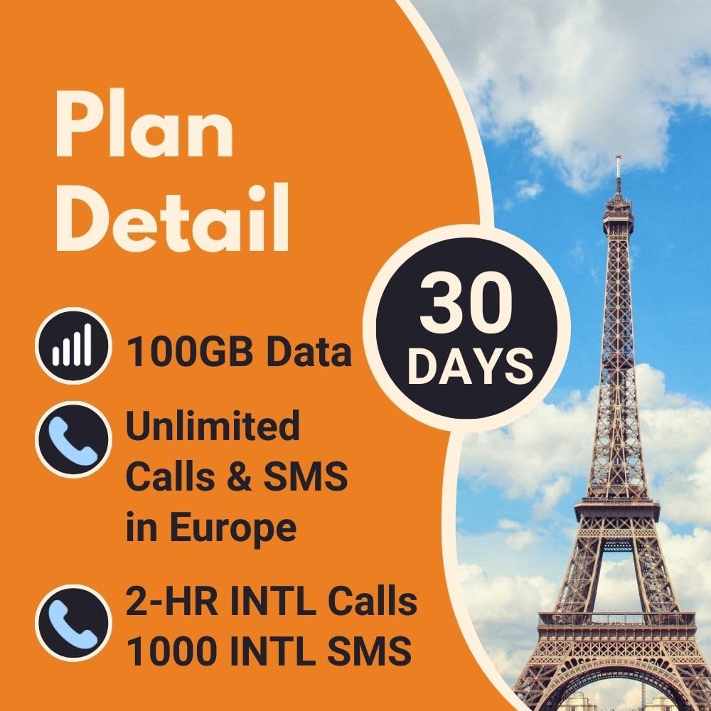Orange Holiday Europe Prepaid-SIM-Karte jetzt 30 Tage, 100 GB Internetdaten von 5G/4G LTE (Daten-Tethering erlaubt) + 120 Minuten Internationale Anrufe + 1000 SMS