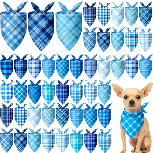 Image of Abbylike 50 Pcs Plaid Dog Bandanas Bulk Blue Checkered Bandanas for Dogs Triangle Kerchief Bibs Scarf Set for Pet Holiday Costume Photo Props Accessories Pet Shops (19.7 x 13.8 x 13.8 Inch)