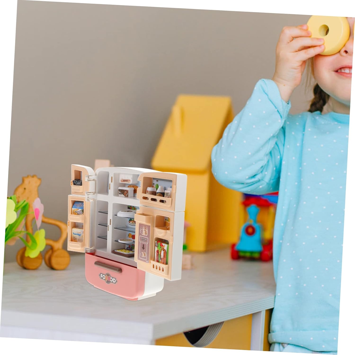Garneck Miniature Dollhouse Refrigerator - Fun Play Kitchen Accessory with Juice and Ice Cream for - for Imaginative Play Holiday Present and Stocking Stuffer