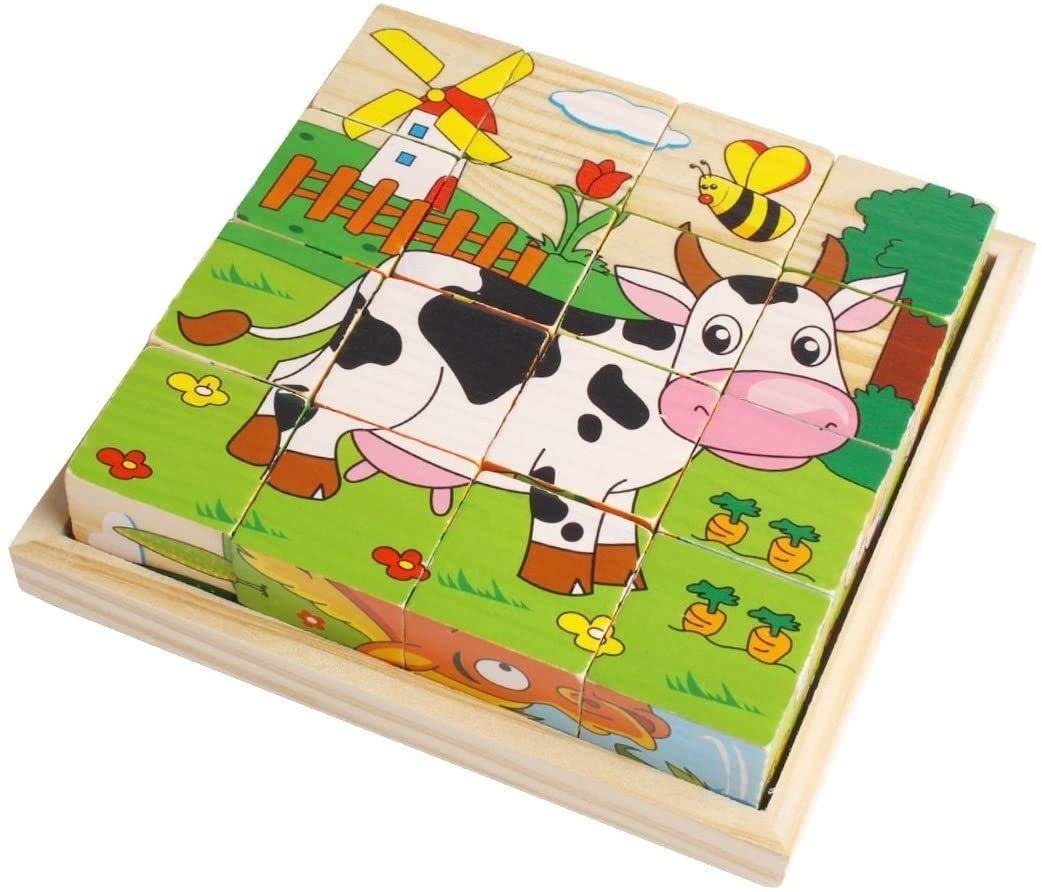 Zenghh Babe Rock Wooden Block Puzzles Toys Toddler Six Sides Painting Pattern Character Scene Forest Animals Cube Square Educational Early Learning Kids Childrens Gifts 2-3 Year Old Girl Boy