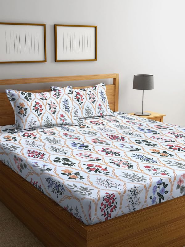Image of NHD HOME Premium Cotton Elastic Fitted Bedsheets with 2 King Size Pillow Covers | Double Bed with All Around Elastic 220 TC Supersoft |Size-72 King Sizex78+10 inches | Floral, White Green & Red