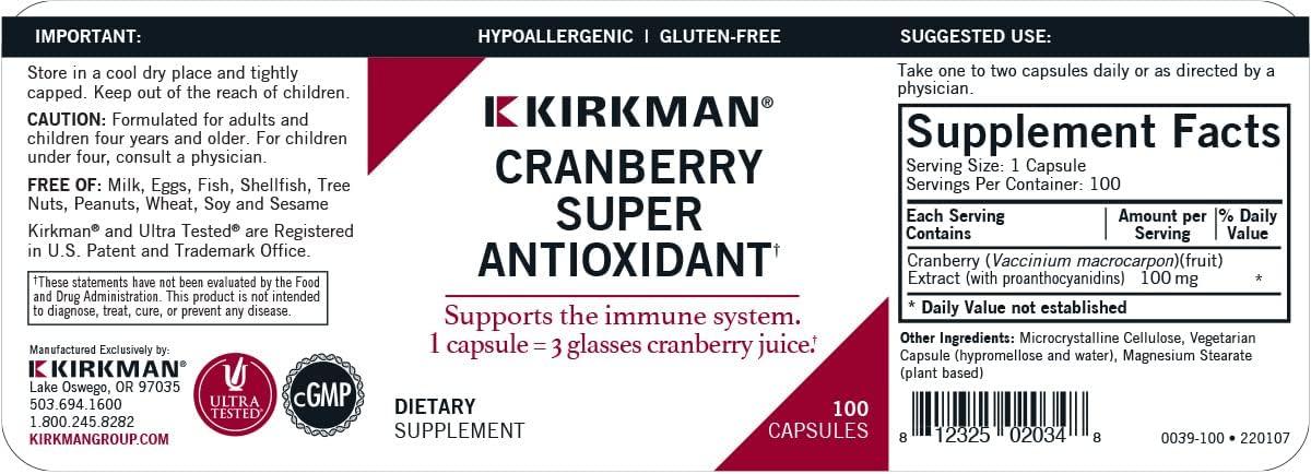Cranberry Super Antioxidant, 100 Capsules, Kirkman Labs